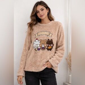Cute Kawaii Bear Plush Fleece Sweater Cozy Soft One Size Beige(A477)